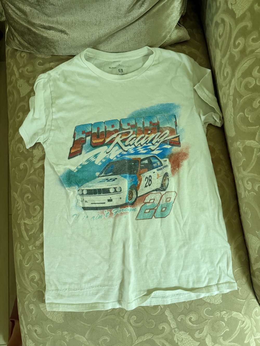 White Racing Graphic Tee with Blue & Red Print